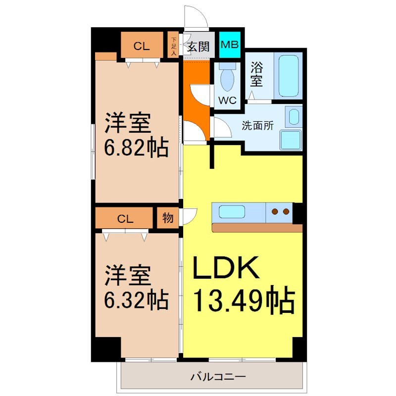 インプルーブ葵 間取図　ＬＤＫ13.49帖　洋室2部屋　南面バルコニー