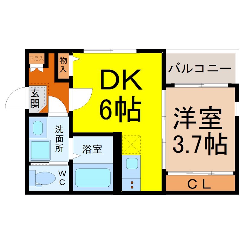 ハーモニーテラス尾頭橋Ⅲ 間取図　ＤＫ6帖　洋室3.7帖　脱衣洗面所　バルコニー