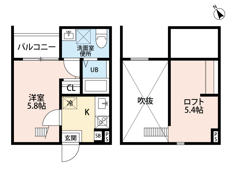 アコモ大高 間取図　洋室5.8帖　ロフト5.4帖　脱衣洗面所　バルコニー