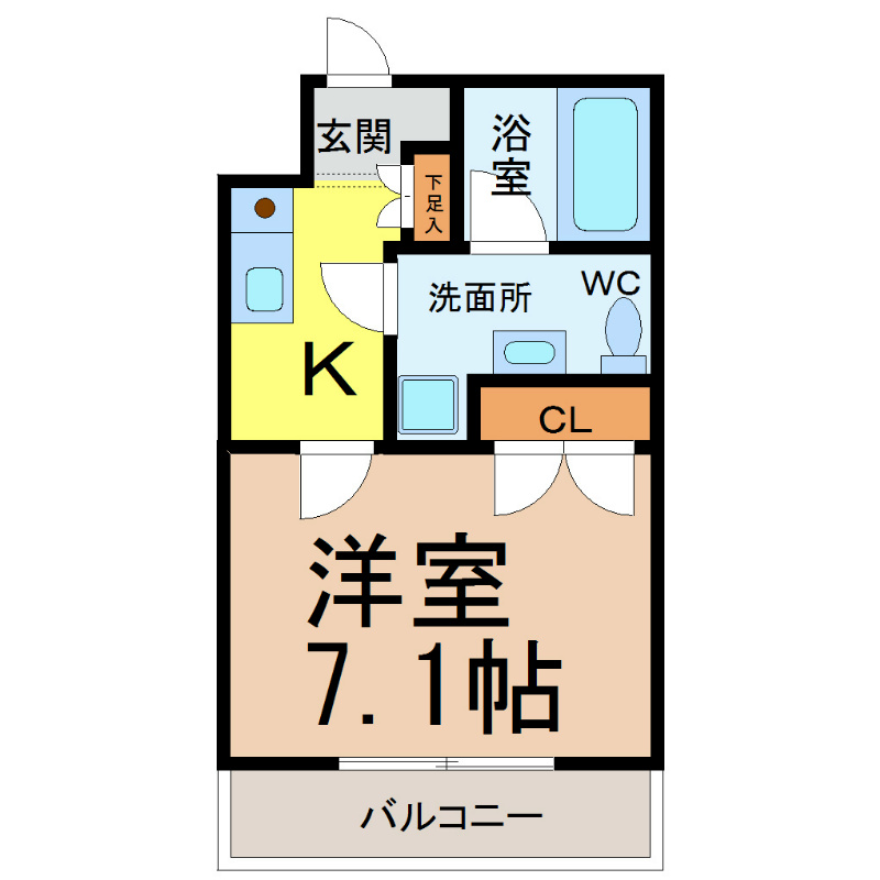 ＡＭＢＥＲ　ＨＯＵＳＥ　ＪＩＮＧＵ（アンバーハウスジングウ） 間取図　洋室7.1帖　脱衣洗面所　クローゼット付　バルコニー