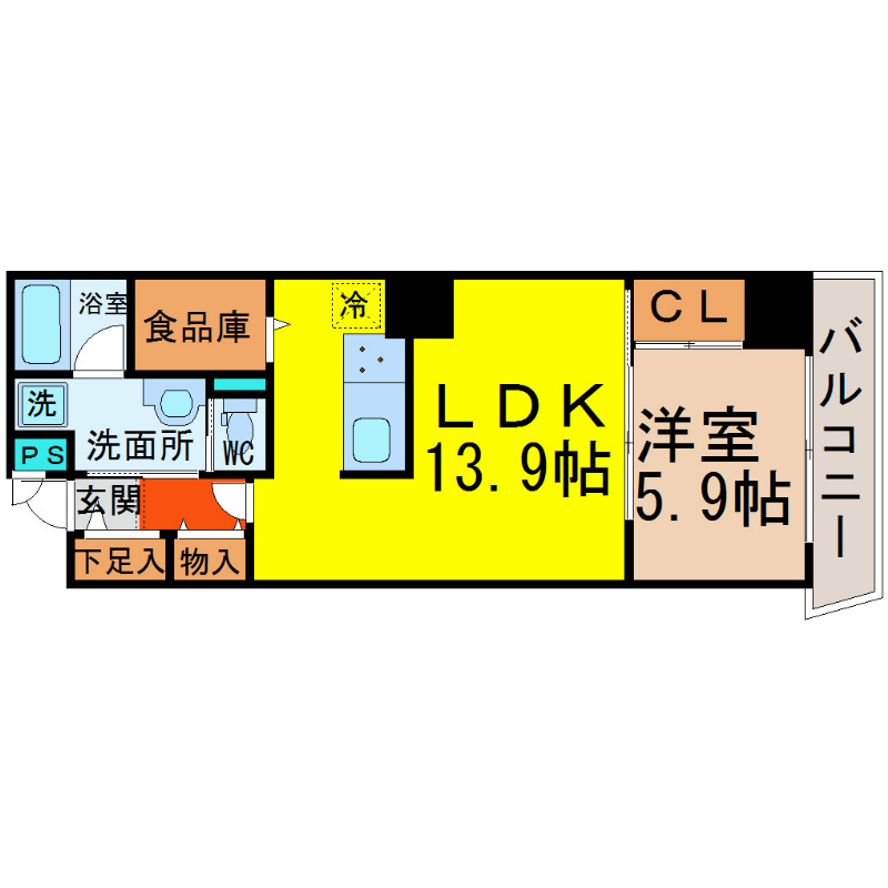 ＡＸＩＡ ＭＥＩＥＫＩ（アクシア名駅） 間取図　ＬＤＫ13.9帖　洋室5.9帖　南面バルコニー