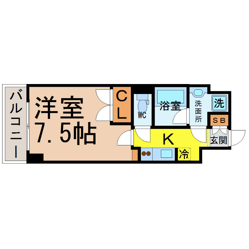 アマーレ葵 間取図　洋室7.5帖　脱衣洗面所　バルコニー