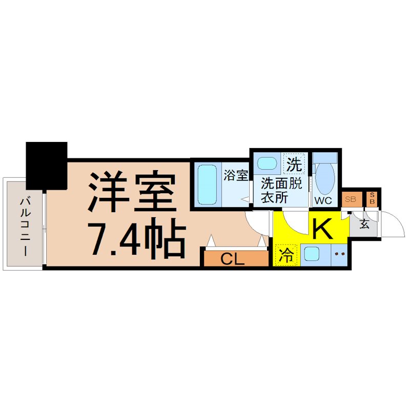 S-RESIDENCE名駅南 間取図　洋室7.4帖　脱衣洗面所　バルコニー