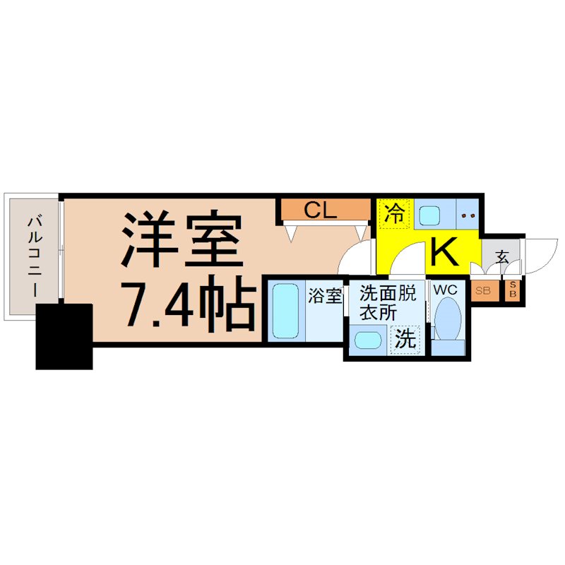 S-RESIDENCE名駅南 間取図　洋室7.4帖　脱衣洗面所　バルコニー
