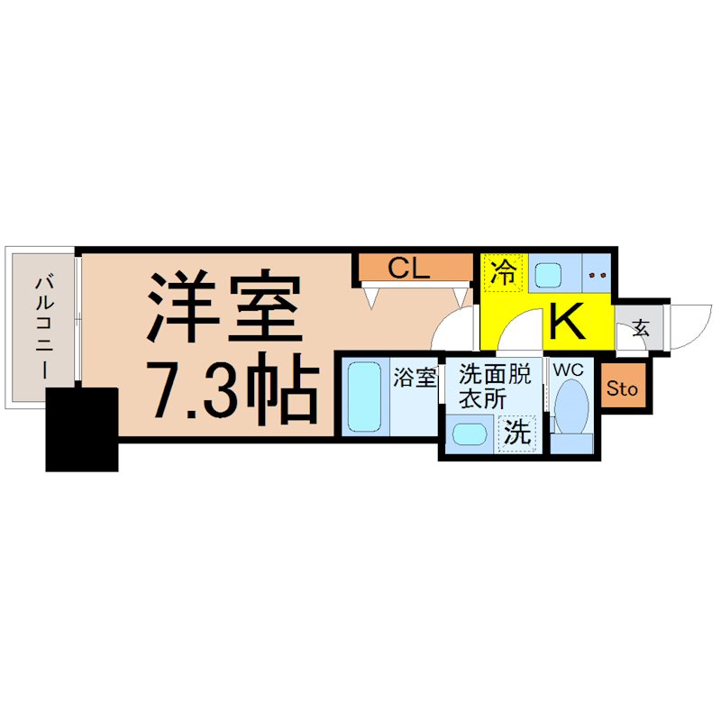 S-RESIDENCE名駅南 間取図　洋室7.3帖　脱衣洗面所　バルコニー