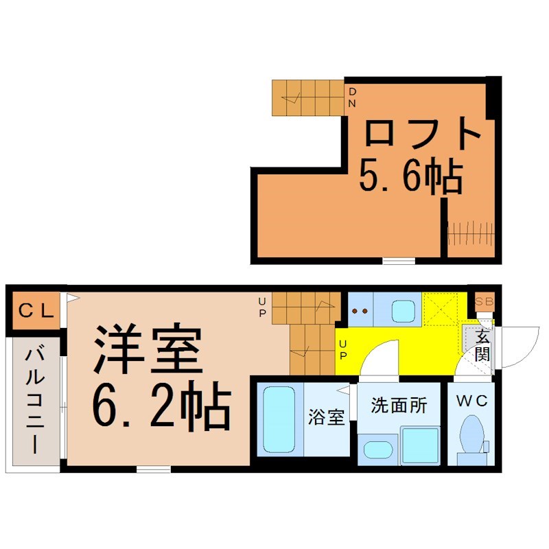 ハーモニーテラス三本松町 間取図　洋室6.2帖　ロフト5.6帖　脱衣洗面所　バルコニー