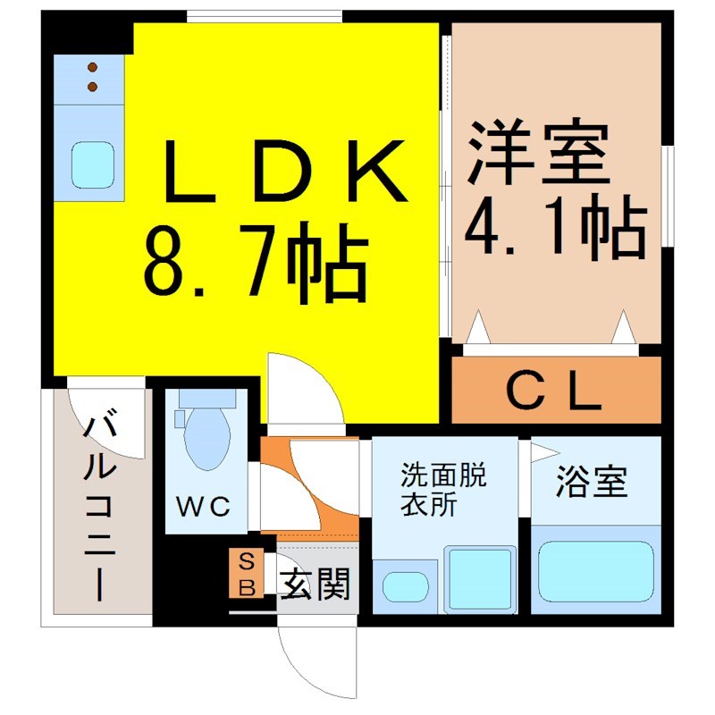 ＭＯＶＥ生駒ＷＥＳＴ 間取図　ＬＤＫ8.7帖　洋室4.1帖　脱衣洗面所　バルコニー