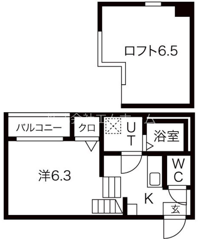 ハーモニーテラスAQULS 間取図　洋室6.3帖　ロフト6.5帖　脱衣洗面所　バルコニー