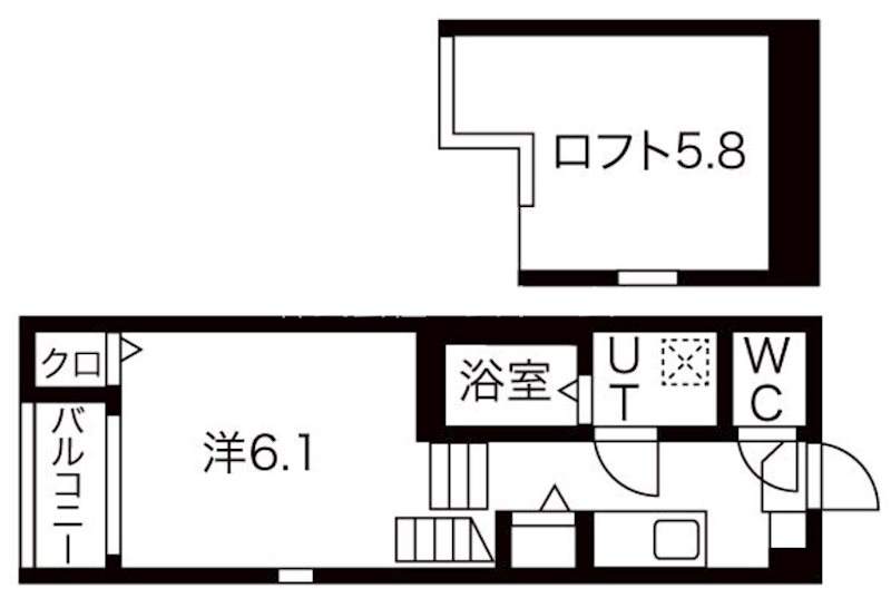 ハーモニーテラスAQULS 間取図　洋室6.1帖　ロフト5.8帖　脱衣洗面所　バルコニー