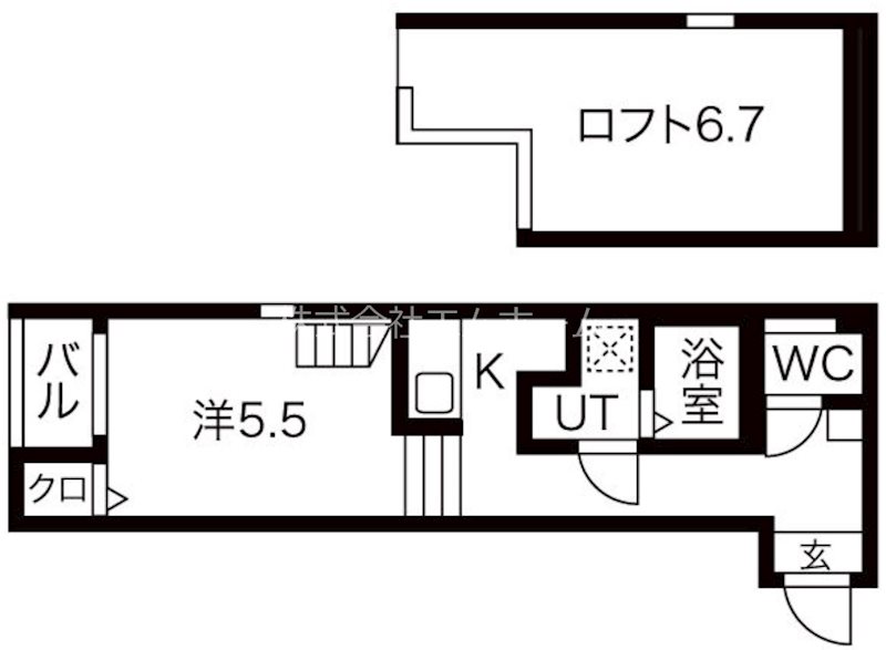 ハーモニーテラスAQULS 間取図　洋室5.5帖　ロフト6.7帖　脱衣洗面所　バルコニー