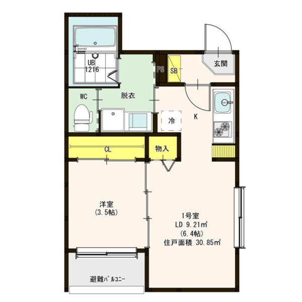 ハーモニーテラス下中村町 間取図　ＬＤ6.4帖　洋室3.5帖　脱衣洗面所　バルコニー