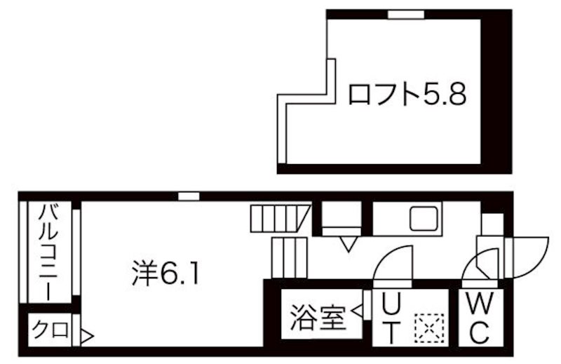 ルミナス東海通 間取図　洋室6.1帖　ロフト5.8帖　脱衣洗面所　バルコニー