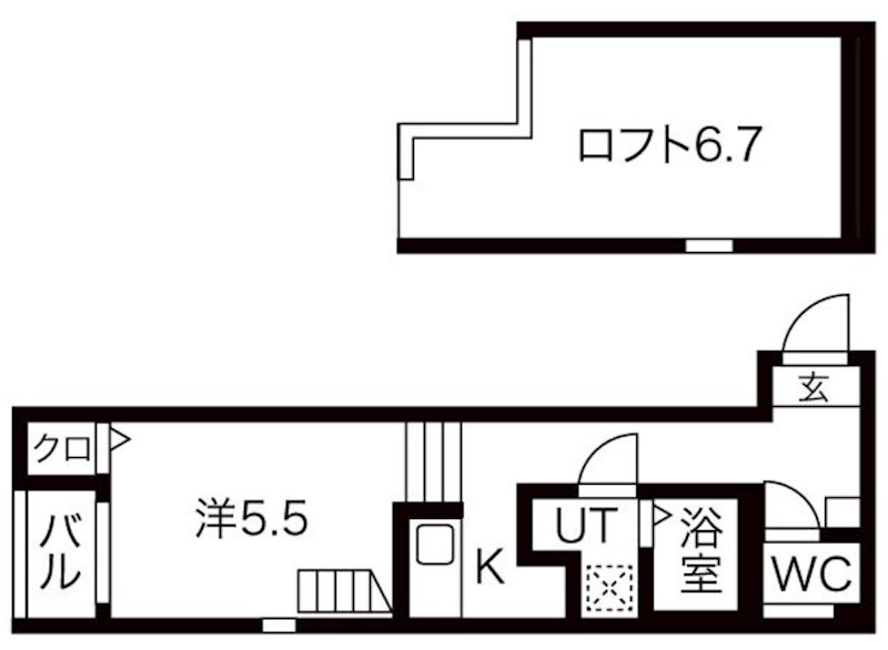 ルミナス東海通 間取図　洋室5.5帖　ロフト6.7帖　脱衣洗面所　バルコニー