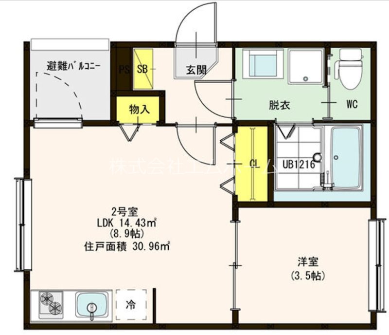 サニーグランド岩塚 間取図　ＬＤＫ8.9帖　洋室3.5帖　脱衣洗面所