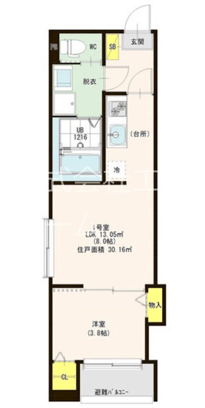 ハーモニーテラス切戸町Ⅱ 間取図　ＬＤＫ8帖　洋室3.8帖　脱衣洗面所