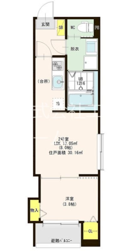 ハーモニーテラス切戸町Ⅱ 間取図　ＬＤＫ8帖　洋室3.8帖　脱衣洗面所