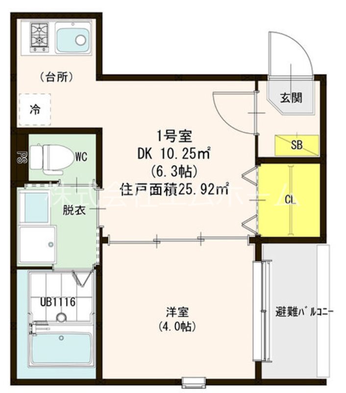 ハーモニーテラスささしま 間取図　ＤＫ6.3帖　洋室4帖　脱衣洗面所　バルコニー