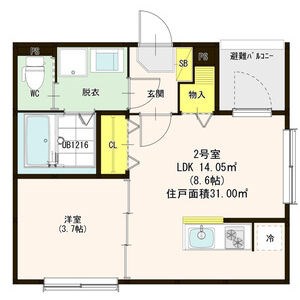 エステミリックスⅠ 間取図　ＬＤＫ8.6帖　洋室3.7帖　脱衣洗面所　バルコニー