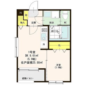 エステミリックスⅠ 間取図　ＤＫ5.9帖　洋室3.8帖　脱衣洗面所　バルコニー