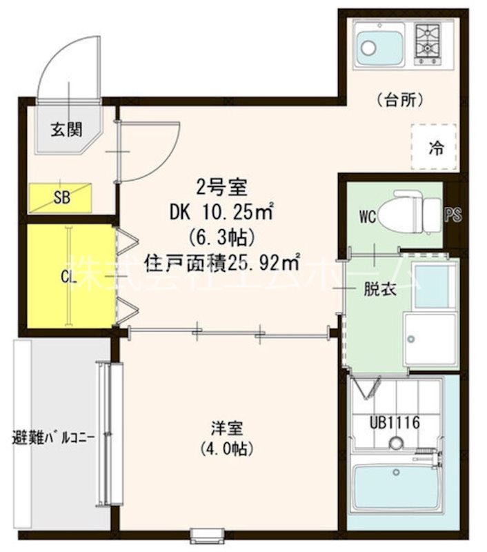 ハーモニーテラスささしま 間取図　ＤＫ6.3帖　洋室4帖　脱衣洗面所　バルコニー