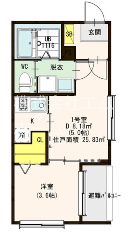 パールスクエア 間取図　ＤＫ5帖　洋室3.6帖　脱衣洗面所　バルコニー