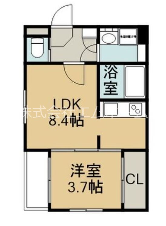 ＡｒｃａＵｒｂａｎａ上飯田（アルカウルバーナカミイイダ） 間取図　ＬＤＫ8.4帖　洋室3.7帖　脱衣洗面所　バルコニー