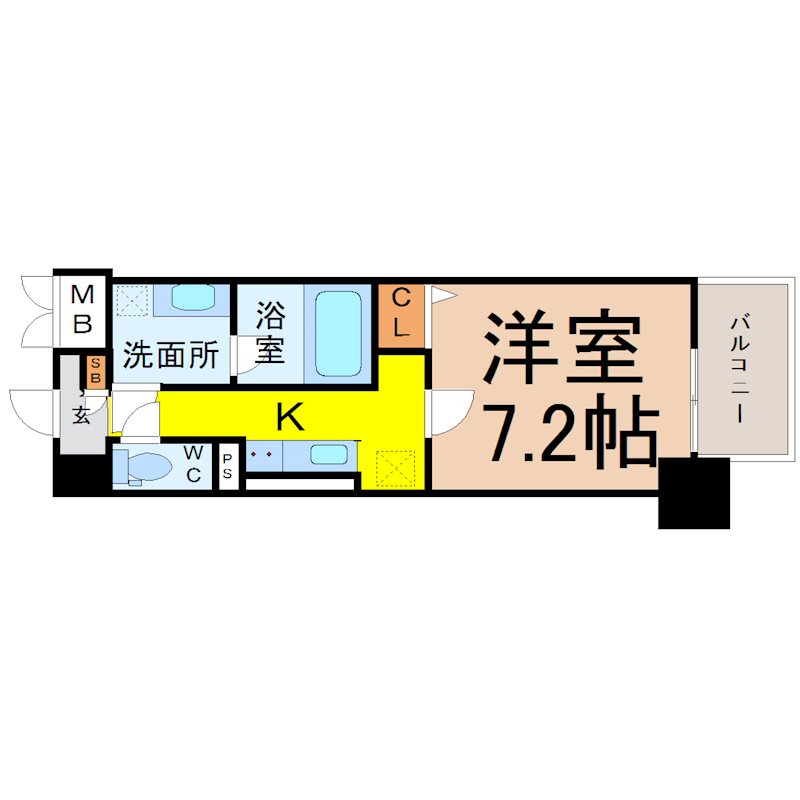 メイプル岩塚本通 間取り　洋室7.2帖　脱衣洗面所　クローゼット付
