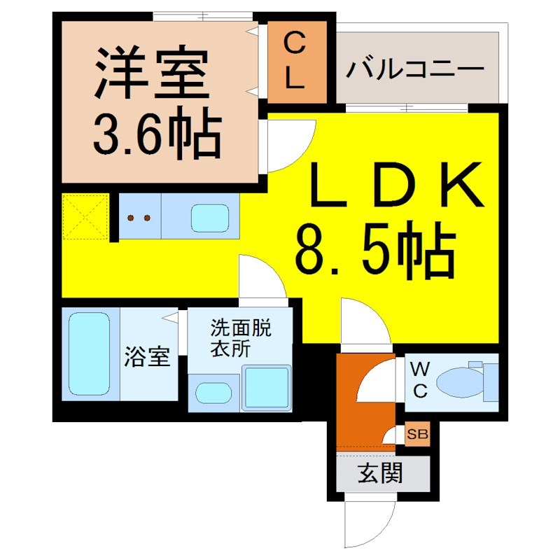 Ｒ－Ｓｍａｒｔ中村公園 間取図　ＬＤＫ8.5帖　洋室3.6帖　脱衣洗面所　バルコニー