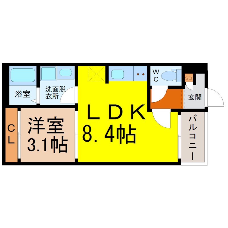 Ｒ－Ｓｍａｒｔ中村公園 間取図　ＬＤＫ8.5帖　洋室3.6帖　脱衣洗面所　バルコニー