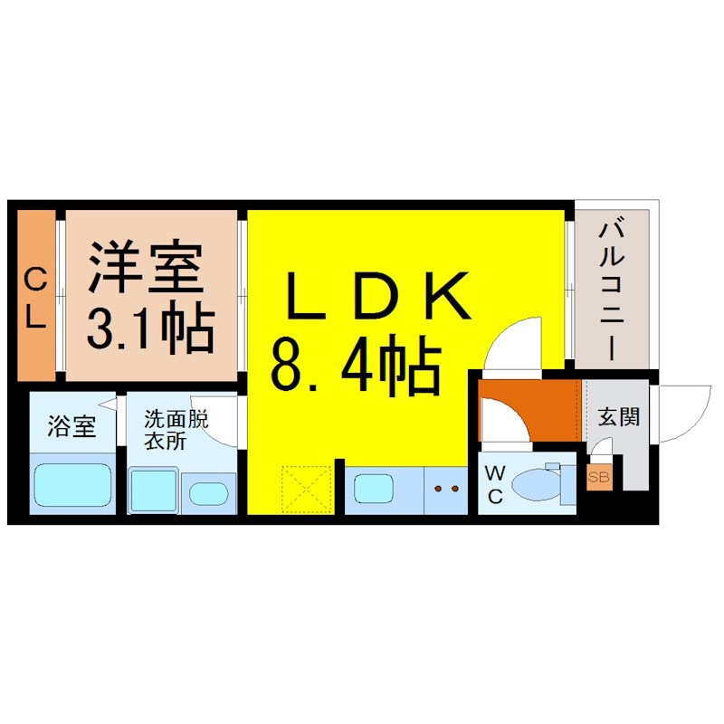 Ｒ－Ｓｍａｒｔ中村公園 間取図　ＬＤＫ8.5帖　洋室3.6帖　脱衣洗面所　バルコニー