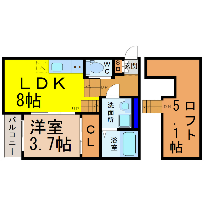 ベルシャンブル 間取図　ＬＤＫ8帖　洋室3.7帖　ロフト5.1帖　脱衣洗面所