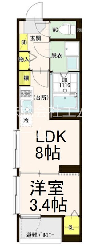 グランシャルム中村 間取図　ＬＤＫ8帖　洋室3.4帖　脱衣洗面所