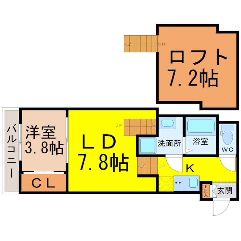 ＦＡＭＩＬＹ　ＳＴＡＧＥ堀田（ファミリーステージ堀田） 間取図　ＬＤ7.8帖　洋室3.8帖　ロフト付　脱衣洗面所