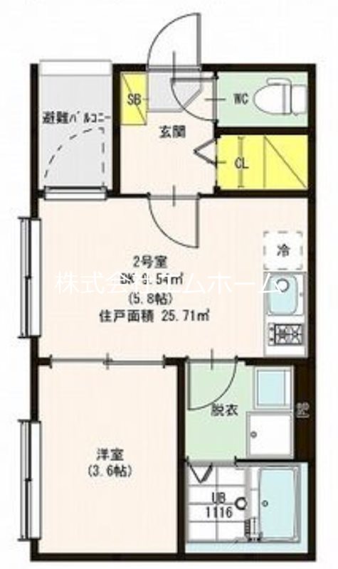 ＮＥＸＵＳ　Ｎａｇｏｙａ（ネクサスナゴヤ） 間取図　ＤＫ5.8帖　洋室3.6帖　脱衣洗面所　バルコニー