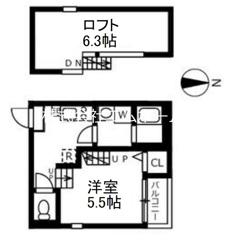 ハーモニーテラス呼続 間取図　洋室5.5帖　ロフト6.3帖　脱衣洗面所　バルコニー