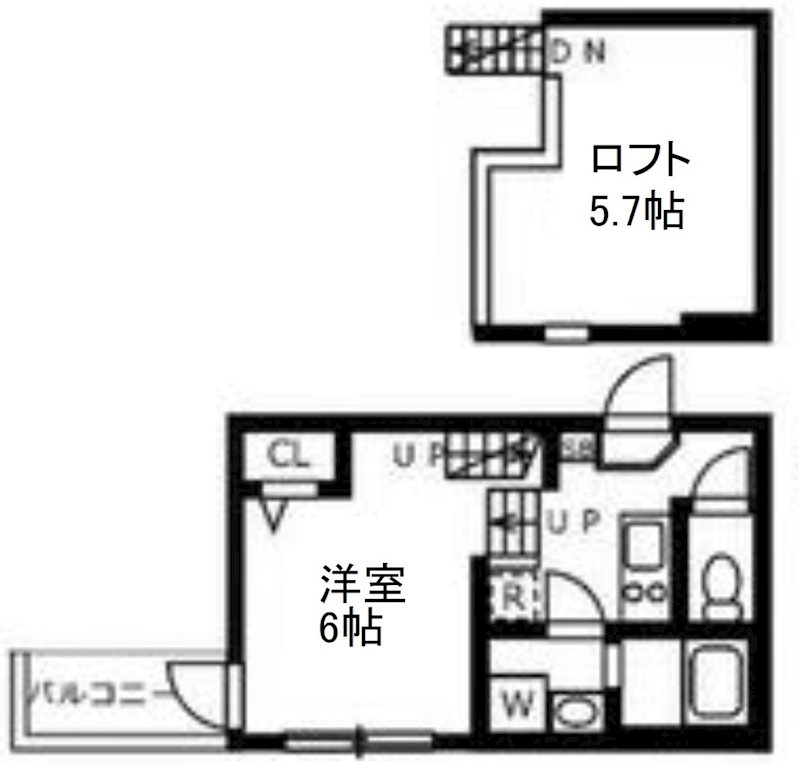 ハーモニーテラス呼続 間取図　洋室6帖　ロフト5.7帖　脱衣洗面所　バルコニー