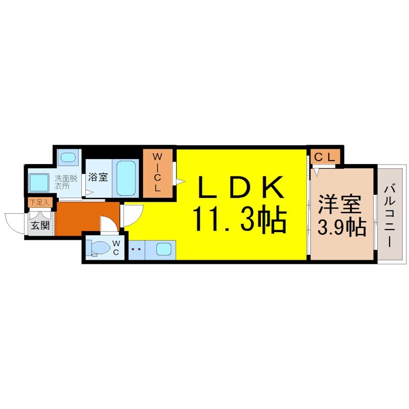 Ｇｒａｎｄ　Ｓｏｌｅｉｌ大須白川 間取図　ＬＤＫ11.3帖　洋室3.9帖　脱衣洗面所