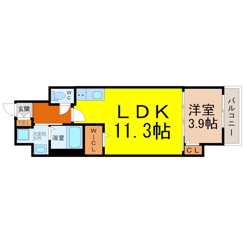 Ｇｒａｎｄ　Ｓｏｌｅｉｌ大須白川 間取図　ＬＤＫ11.3帖　洋室3.9帖　脱衣洗面所