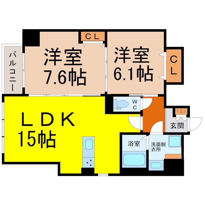 Ｇｒａｎｄ　Ｓｏｌｅｉｌ大須白川 間取図　ＬＤＫ15帖　カウンターキッチン　脱衣洗面所