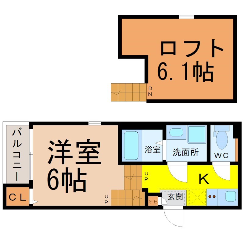コーポ和 間取図　洋室6帖　ロフト6.1帖　脱衣洗面所　バルコニー