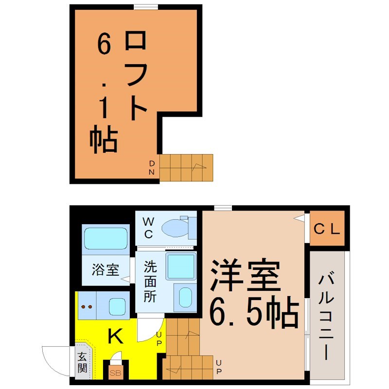 コーポ和 間取図　洋室6.5帖　ロフト6.1帖　脱衣洗面所　バルコニー