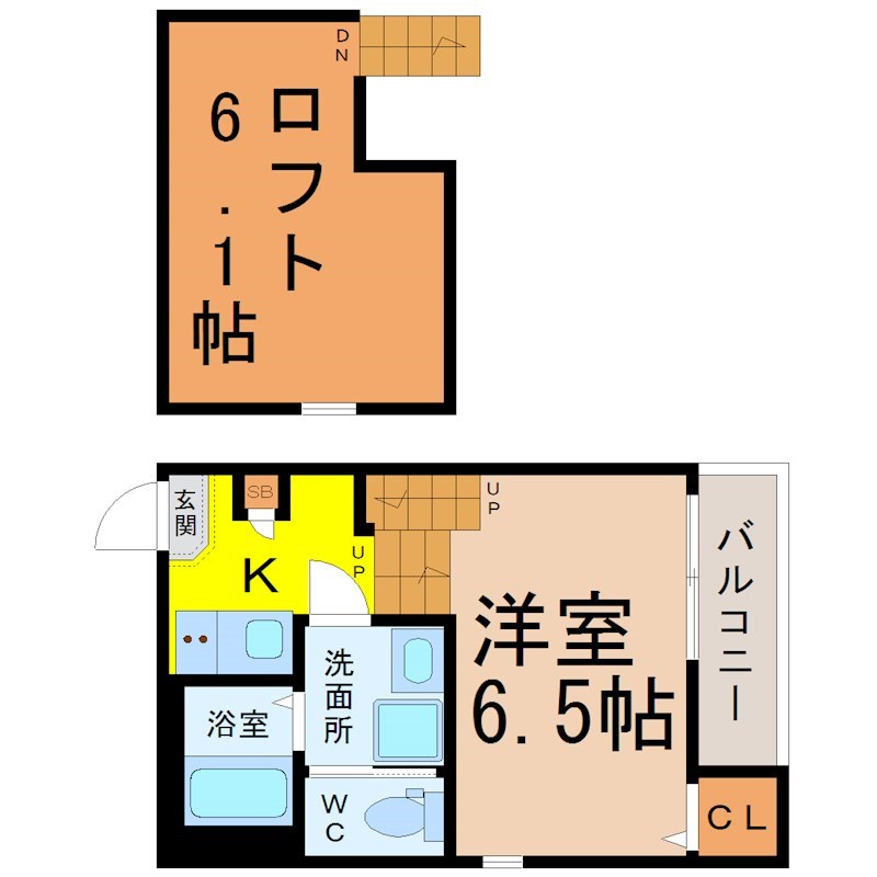 コーポ和 間取図　洋室6.5帖　ロフト6.1帖　脱衣洗面所　バルコニー