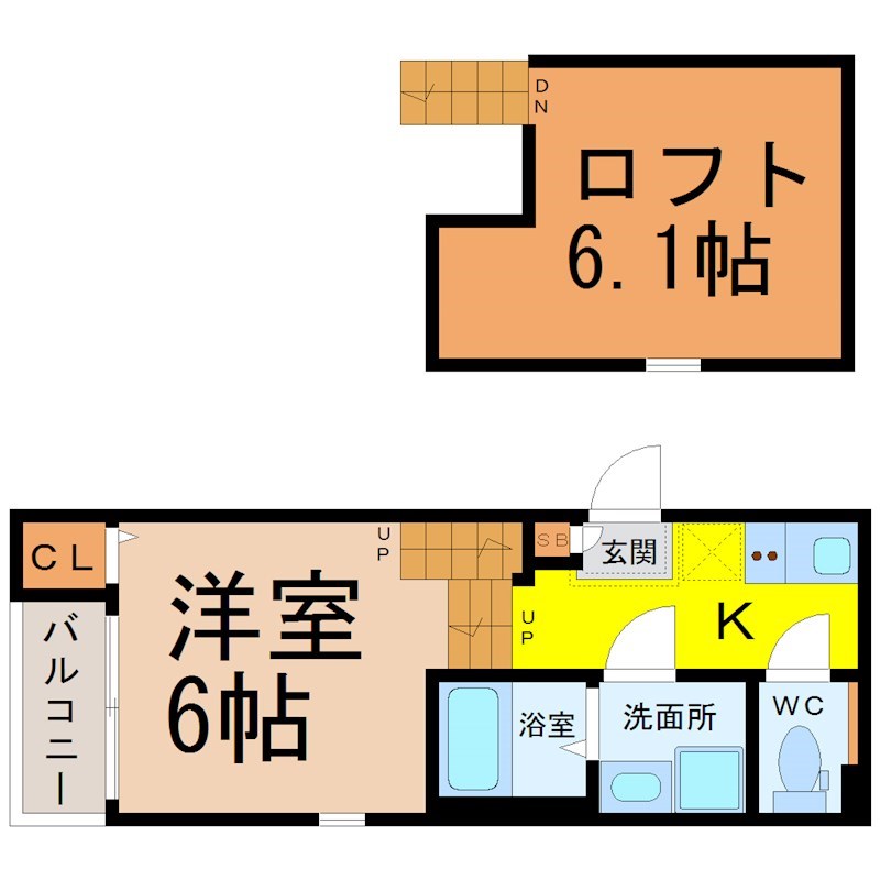 コーポ和 間取図　洋室6帖　ロフト6.1帖　脱衣洗面所　バルコニー