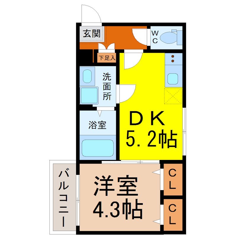 ハーモニーテラス幸心 間取図　ＤＫ5.2帖　洋室4.3帖　脱衣洗面所　バルコニー