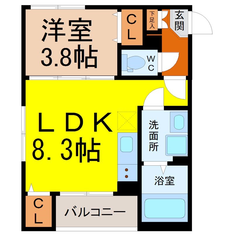 （仮称）守山区幸心二丁目Ａ新築アパート 間取図　ＬＤＫ8.3帖　洋室3.8帖　脱衣洗面所　バルコニー