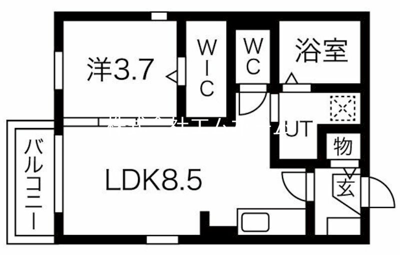 HS津金 間取図　ＬＤＫ8.5帖　　洋室3.7帖　脱衣洗面所　バルコニー