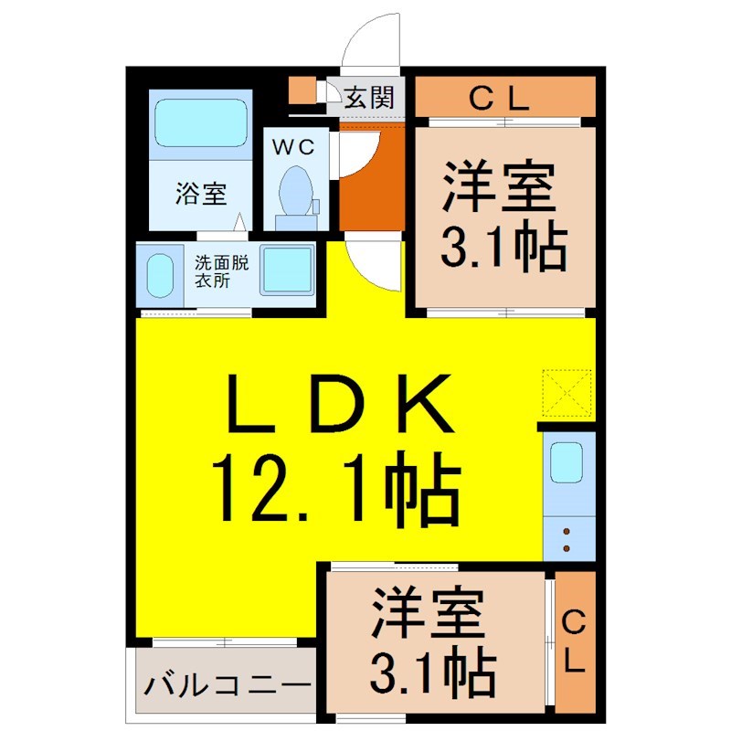 ＲＥＧＡＬＥＳＴ伝馬町 間取図　ＬＤＫ12.1帖　脱衣洗面所　バルコニー
