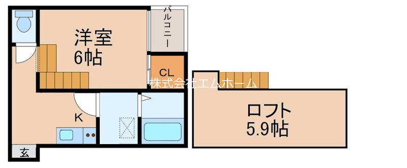 コンフォール松原町 間取図　洋室6帖　ロフト5.9帖　脱衣洗面所