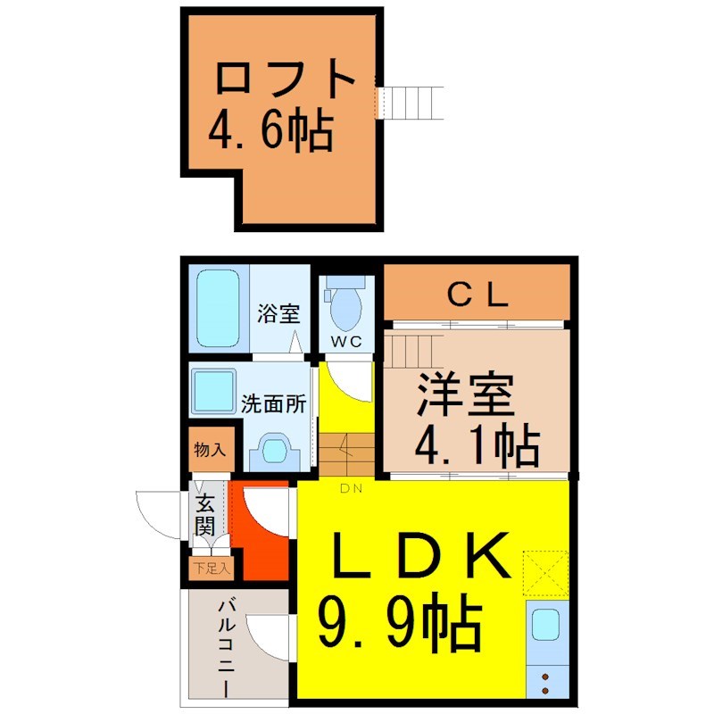 Ｌａ　Ｐｒｅｍｉｅ’ｒｅ 間取図　ＬＤＫ9.9帖　洋室4.1帖　ロフト4.6帖