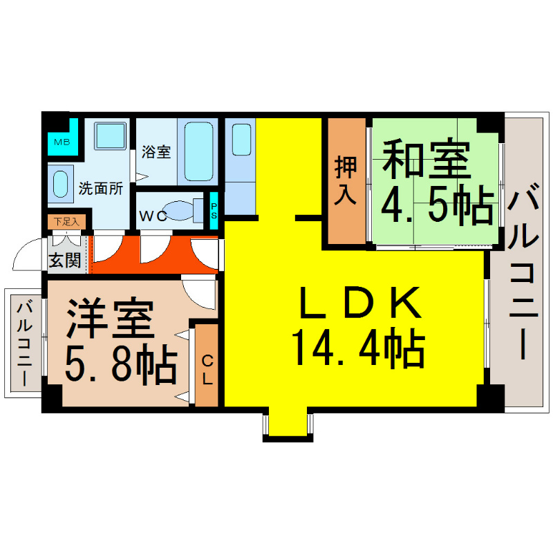 グランシャリオ本陣 間取　2LDK　LDK14.4帖　洋室5.8帖　和室4.5帖